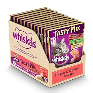 whiskas Adult (1+ Year) Tasty Mix Wet Cat Food Made with Real Fish, Seafood Cocktail Wakame Seaweed in Gravy - Pack of 12 (70g x 12)