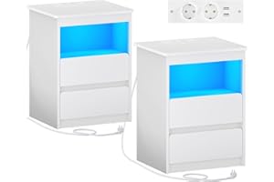 ‎BRINLAWB Brinlawb Nachttisch 2er set mit Steckdose und LED-Beleuchtung(2 AC-Steckdosen, 2 USB-Anschlüsse) Weiß Nachtschrank 2er set mit 2 Schubladen Beistelltisch Bedside Table Nachttisch Weiß für Schlafzimmer