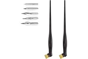 Flylin 2PCS Oblique Calligraphy Pen, 2-in-1 Drawing Pen Holder with 5 Pcs Replacement Nibs, 6.5 Inch Plastic Dip Pen Holder with Removable Multi-Fit Brass Flange, for Writing/Painting/Signing/Sketch