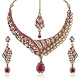 I Jewels Traditional Gold Plated Elegantly Handcrafted Kundan Jewellery Set with Maang Tikka for Women K7055Q (Rani/Dark Pink)