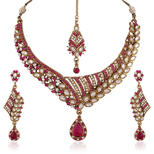 I Jewels Traditional Gold Plated Elegantly Handcrafted Kundan Jewellery Set with Maang Tikka for Women K7055Q (Rani/Dark Pink)
