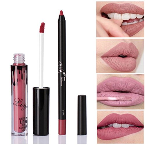 ROMANTIC BEAR Matt Non-stick Cup Wasserdicht Lipgloss+Lipliner Stift Set - 2