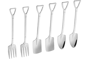 DOSYEN Cuillère et fourchette en forme de pelle en acier inoxydable, cuillère à café, fourchette à fruits, fourchette à gâteau, maison ou restaurant, créativité et plaisir Ensemble de 6 pièces