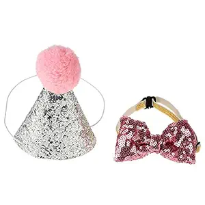 Fdit Cute Pet Cat Dog Birthday Caps Bowknot Elastic Blingbling Party Costume Hat Costume Headwear(Pink)