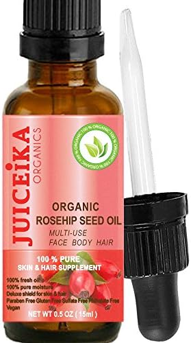 ORGANIC ROSEHIP SEED OIL 100% PURE &amp; VIRGIN - UNREFINED- COLD PRESSED. 100% Pure Moisture. Skin &amp; Hair Supplement by Juiceika Organic. (0.5 Fl.oz - 15 ml)