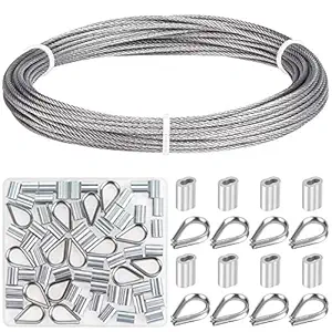 Favordrory Cable Railing Kits Includes 1/16 Inch x 33 Feet 304 Stainless Steel Wire Rope Cable, 50 Pieces Aluminum Crimping Sleeves and 12 Pieces Thimble for Railing, Decking, Picture Hanging