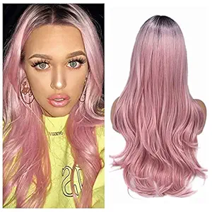 Black To Pink: Quantum Love Wigs Ombre Wig Black To Pink Middle Part Long Straight Wig Heat Resistant Synthetic Daily Party Wig For Women