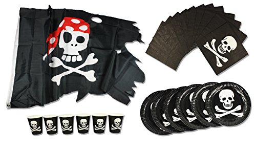 COM-FOUR® Juego de Fiesta de cumpleaños Pirata para hasta 6 niños: Bandera, Platos, Tazas, servilletas (25 pcs.)