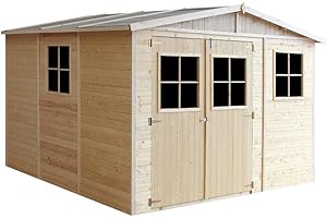 Casa da giardino in legno naturale CON PAVIMENTO IMPREGNATO A226x316x324 cm/9 m²- Magazzino esterno con finestre - Capanno da giardino - Bici, Deposito attrezzi e rimessa TIMBELA M335+M335G