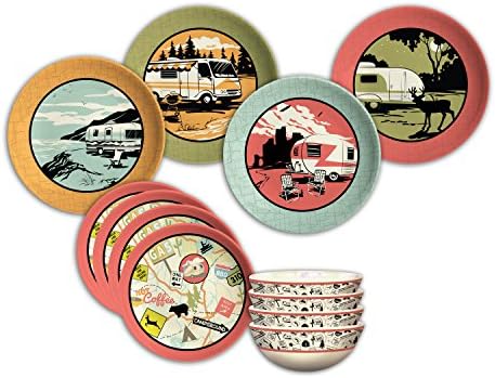 Camp Casual Melamine Plates & Bowls Set - 12-Piece Dish Set for Indoor & Outdoor Dining - BPA Free, Top Shelf Dishwasher Suitable Dinnerware Set - Sturdy Melamine Dinnerware Sets - Camping Dishes