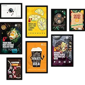 FATMUG Glass Food Quote Posters Framed Wall Paintings (Multicolour, Four A4 and Four A3 Frames) - Set of 8