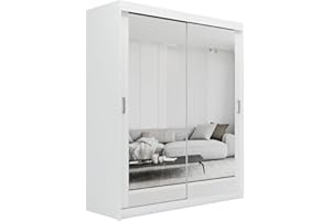 ELUKS SKY Double Sliding Doors Wardrobe with Mirror Drawers Furniture for Bedroom Living Room and Hall Wardrobe Organizer Width 100cm/120cm/150cm/180cm/200cm (White, 120cm)
