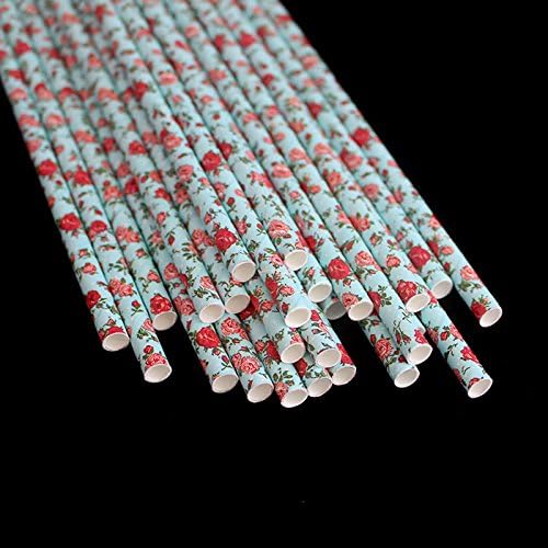 SHMGG Approx.50PCS Rose Printing Drink Paper Straws for Drinking Birthday Party Theme Festivals