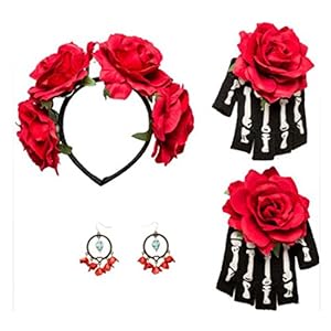 Accesorio mexicano Set disfraz La Catrina Banda del pelo, pendientes, guantes Bisutería fiesta tradicional mexicana Moda oscura calavera Complemento Día de los muertos Traje halloween día muertos
