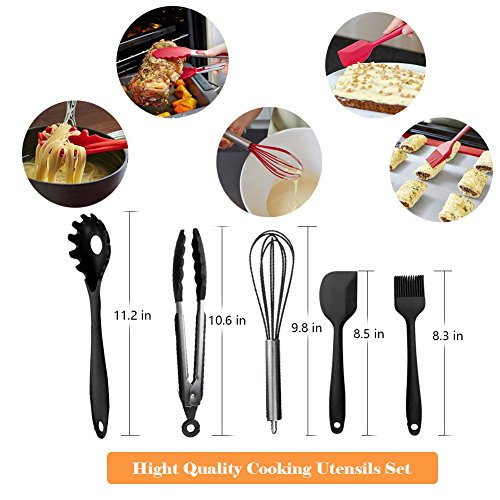 10Sets Silikon Küchenutensilien Werkzeug, Home Backen Kochen Werkzeuge Kochgeschirr Gadgets Enthält Pasta Gabel, Spoonula, Tong, Slotted Löffel, Pfanne, Turner große Spatel, kleine Spatel, Basting Pinsel, Schneebesen für Haus Kochen (Schwarz) Familiengeschenke - 4