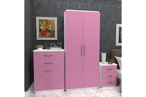 GENERIC Ready 3-Piece Bedroom Furniture Set, 2-Door Wardrobe 78cm, 5-Drawer Chest 72cm, 3-Drawer Bedside 40cm (Pink)
