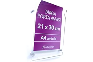 adv-smart Targa Porta Avvisi formato A4 verticale 21x30 cm, Tasca in plexiglass Trasparente Messaggio, Volantino, Info con fissaggi a muro