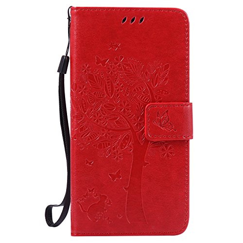 Samsung Galaxy J5 2016 Hülle Rote im Retro Wallet Design,Cozy Hut Samsung Galaxy J5 2016 Hülle Leadertasche Premium Lederhülle Flip Case im Bookstyle Folio Cover Kartenfächer Magnetverschluss und Standfunktion Leder Schale Etui für Samsung Galaxy J5 2016 / SM-J510 5,2 Zoll Handytasche Schutzhülle Katzen und Bäume Muster - Rote