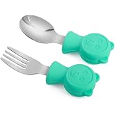 Valkyrie 304 &Ccedil;elik Panda Bebek Kaşık &Ccedil;atal SetiSilikon Saplı BPA İ&ccedil;ermez Ergonomik Kaymaz Yeşil