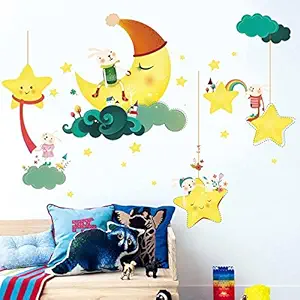 Decals Design Cute Cartoon Moon Stars Clouds with Rabbit Family Wall Sticker (PVC Vinyl, 60 cm x 90 cm, Multicolour)