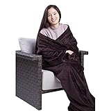 Matthem Fleece Kuschel-Decke mit Ärmeln- Super flauschige TV-Decke mit Ärmeln-Mikrofaser Fleece Kuscheldecke 175 x 200 cm+50 cm und Tasche Braun