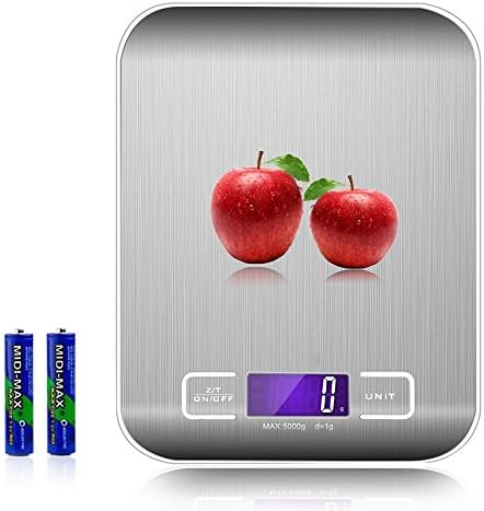 Pripaso Digital Food Scale, (5000g, 0.1oz/ 1g) Kitchen Scale, Electronic Cooking Food Scale,Multifunctional Pro Scales with LCD Display, Stainless Steel,Tare and Slim Design, 2 batteries (included)