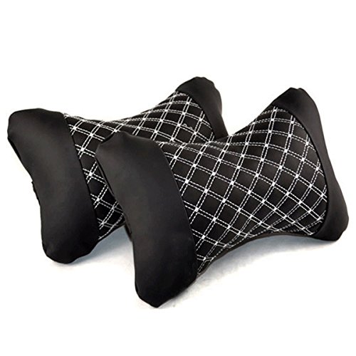 Jiele 2 pcs de voiture appuie-tête, support de cou d'oreiller double Rhombus Pattern en cuir respirant et confortable en mousse à mémoire pour appuie-tête de siège de voiture Coussin de soutien