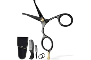 Ontaki 4.2" Japanese Steel Scissors with Rounded Tip for Beard - Moustache, Nose, Ear and Hair - Ergonomic Curved Handles - Hand Forged Men's Grooming Scissors (Black, 4.2") -