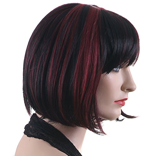 Songmics Neu Perücke Haar Wigs Weiblich Schwarz+rot Glatt Kurz WFY099 - 5