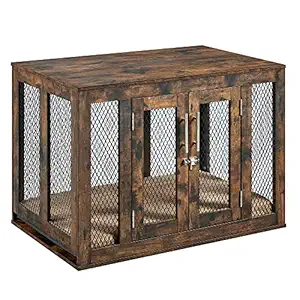 unipaws Furniture Style Dog Crate with Cushion and Tray, Mesh Dog Kennels with Double Doors, End Table Dog House, Medium and Large Crate Indoor Use (Medium, Rustic)