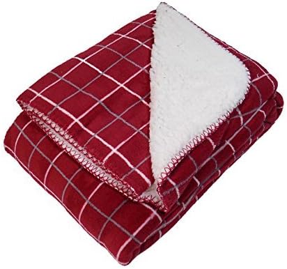 RED WHITE GREY CHECK OVER-LOCK STITCHED SHERPA FLEECE THROW BLANKET 125CM X 150CM