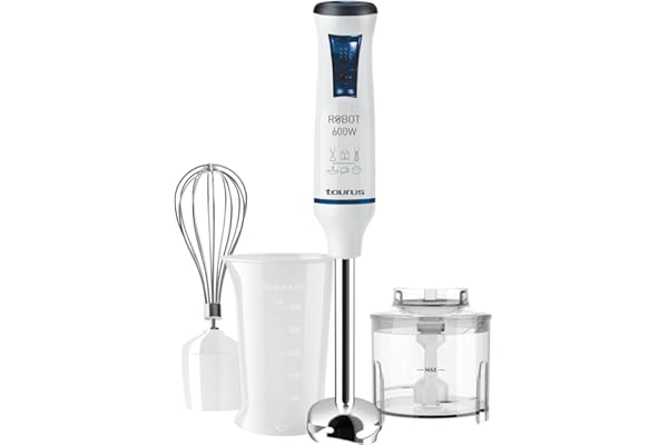 Taurus - Batidora de mano Robot 600 Plus Inox, 600W de potencia, 20 velocidades y Turbo, Cuchilla de acero inoxidable, Turbo Rotation System, Ergonómico, Incluye accesorios, Azul y blanco