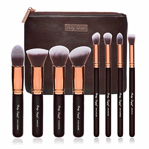 Party Queen Premium Makeup Brush Set Classic 8Pcs Rose Golden Kabuki Brush Cosmetic Kit + Luxurious Coffee Leather Case-Supreme Quality For Flawless Beauty