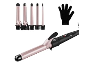 Curling Tongs, GEEDIAR 5 In 1 Multifunction Curling Iron Curling Wand with 5 Interchangeable Ceramic Coating Barrels Hair Curler Dual Voltage Resistant Glove for All Hair