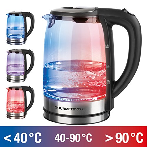 GOURMETmaxx 08107 Glas-Wasserkocher mit LED-Farbwechsel | Abschaltautomatik & Trockenschutz | 2 Liter | 2.200 Watt | Silber-Schwarz