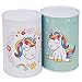Produktbild COM-FOUR® 2x Spardose aus Metall im zauberhaftem Einhorn-Design, Sparbüchse mit Unicorn-Motiven "Blume" und "Türkis", Ø 10 cm, 15,4 cm hoch (02 Stück - Spardose Mix2)