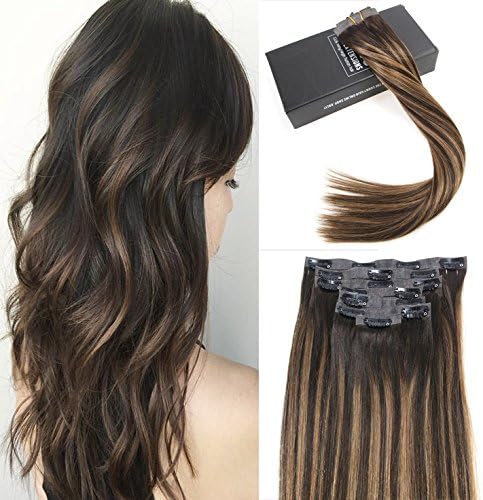 Sunny PU Remy Seamless Clip in Hair Extensions Real Hair 7pcs/120g Per Set Balayage Darkest Brown Ombre to Honey Brown HIghlighted Human Hair Full Head PU Clip in Extensions 16inch 120g