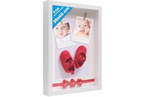 PHOTOLINI 3D Bilderrahmen zum Befüllen 30x40 Weiß groß, 3 cm tiefer Objektrahmen mit Glas, tiefer Bilderrahmen 30x40 Holz MDF mit Passepartout, Dicker 3D Rahmen befüllbar für Gegenstände Geschenk