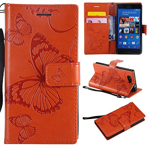 Preisvergleich Produktbild Sony Xperia Z3 Compact Hülle,THRION PU Schmetterling Brieftaschenetui mit magnetischer Handschlaufe und Ständerhalterung für Sony Xperia Z3 Compact, Orange
