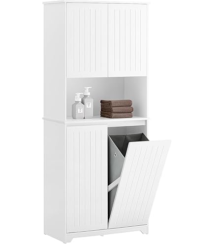 COSTWAY Badkamerkast met wasmand, badkamerkast met verstelbaar plank & open vak, badkamerkast van hout, incl. 48L uitneembare waszak, 40 x 40 x 170cm (Zwart
