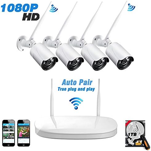Ipccam 4PCs 1080P Outdoor Bullet Camera with 4CH 1080P Output WiFi Wireless Security CCTV Surveillance System Network Video Recorder NVR Kit 25M Infrared Radiation IR Night Vision 1TB Hard Drive White
