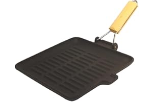 Baumalu, Poêle Grill Carré 24 cm Noir - Idéale pour Grillades Saines - Manche Rétractable en Bois - Compatible Tous Feux y compris Induction - Dimensions 24 x 24 cm