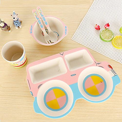 Environmental Protection Bamboo Fiber Truck Child Points Plate Set Baby Food Bowl Cute Fork Spoon Set Set Tableware,Pink