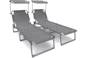‎VOUNOT VOUNOT 2er Set Sonnenliege Klappbar, Gartenliege Strandliege mit Sonnenschutz und Verstellbarer Rückenlehne, Liegestuhl für Garten, Pool, Terrasse, Grau