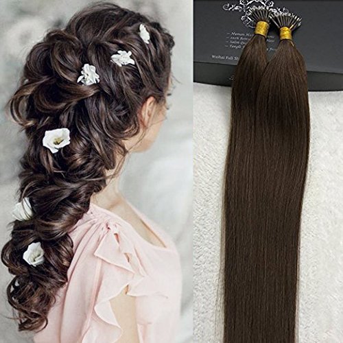 Full Shine 22" 40g 50Strands Per Package Chocolate Brown Hair Extensions Colour #4 Keratin Extensions Hair Nano Beads Stick Tip Human Hair Extensions 0.8 g per Strand