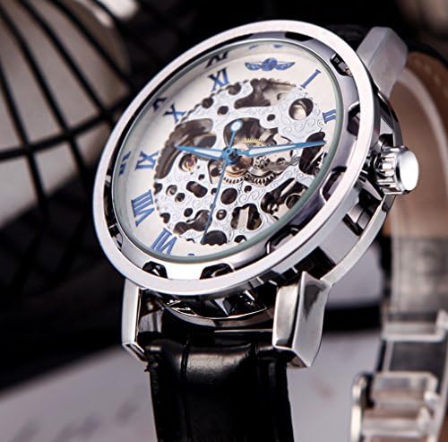 Artans(TM) Winner Classic Skeleton Dial Hand Winding Mechanical Sport Army Watches Men Hollow Transparent Dial Leather Band Strap Watch