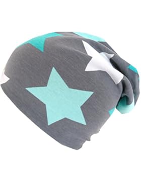 WOLLHUHN ÖKO Long-Beanie, Wende-Mütze, ganzjährig, Big Stars grau/mint, Innenseite uni grau, Mädchen und Jungen...