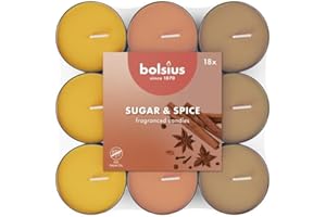 Bolsius - 18 Bougies Chauffe-Plat Parfumées – Sucre et Épices - Durée de Combustion de 3.5 Heures - Diamètre 38 mm - Extraits Naturels - Contient de la Cire Végétalienne - Sans Huile de Palme
