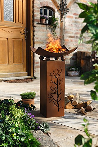 Frank Flechtwaren, 229513: Metall-Deko-Säule ‚Feuerschale‘ (2-teilig) lackiert in schimmerndem Braunton mit trendiger Rost-Optik und aufwändiger Baumausstanzung (Gesamthöhe: 75cm) - 5