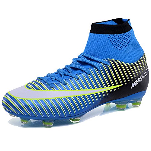 KAMIXIN Chaussures de Football Homme High Top Adulte Professionnel Chaussure de Foot Antidérapant Athlétisme Entrainement Adolescents Chaussures de Sport Bleu 41EU